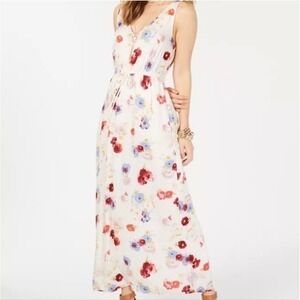 Lucky Brand Maxi Dress Womens XS Cream Floral‎ Sleeveless Boho V-Neck Drawstring